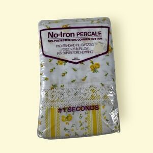 Vtg 2 Pillowcases Springs No-Iron Percale Crisp White Yellow Rose Irregular New